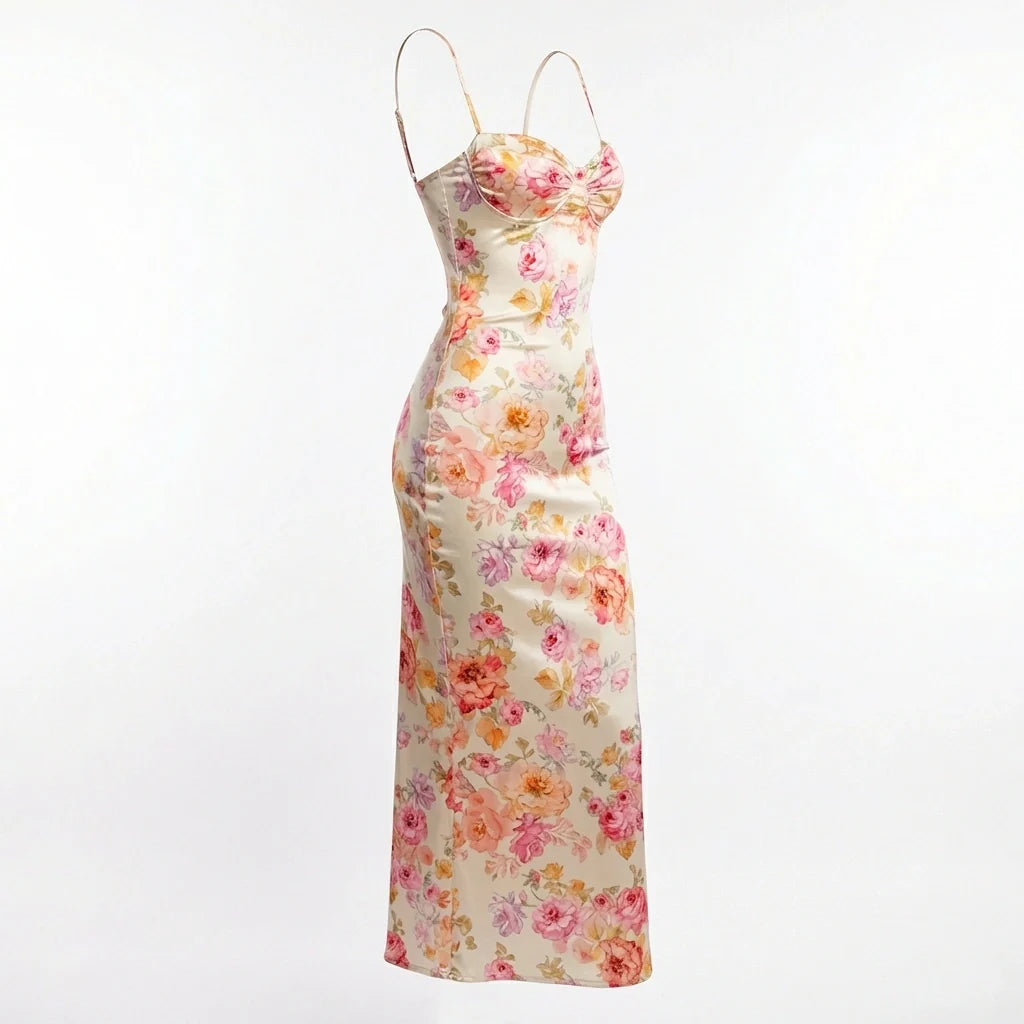Roselle Floral Satin Slip Dress with Corset-Style Bust